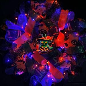 Pre Lit Halloween Wreath Glowing Pumpkin  Light Up 24 Inch Handmade Deco Mesh